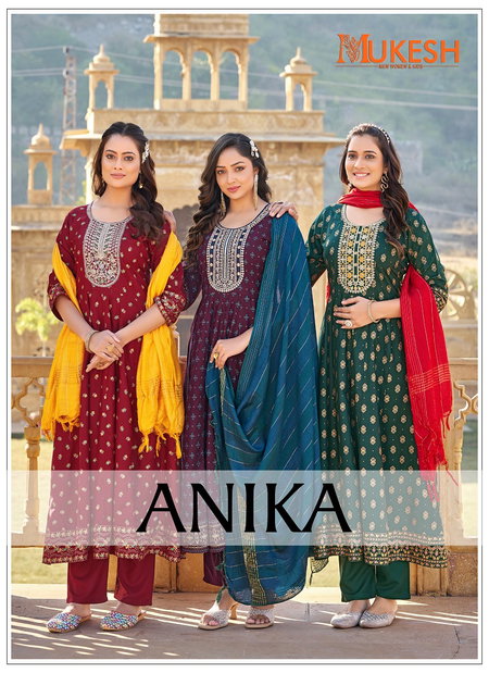 Anika By Mukesh 14kg Rayon Anarkali Style Kurti With Pant Dupatta Best Wholesale Shop In Surat
